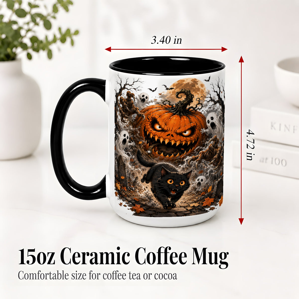 #pl[15oz|Black] Scary Pumpkin Ceramic Coffee Cup, Mug with Ghost Cat Artwork