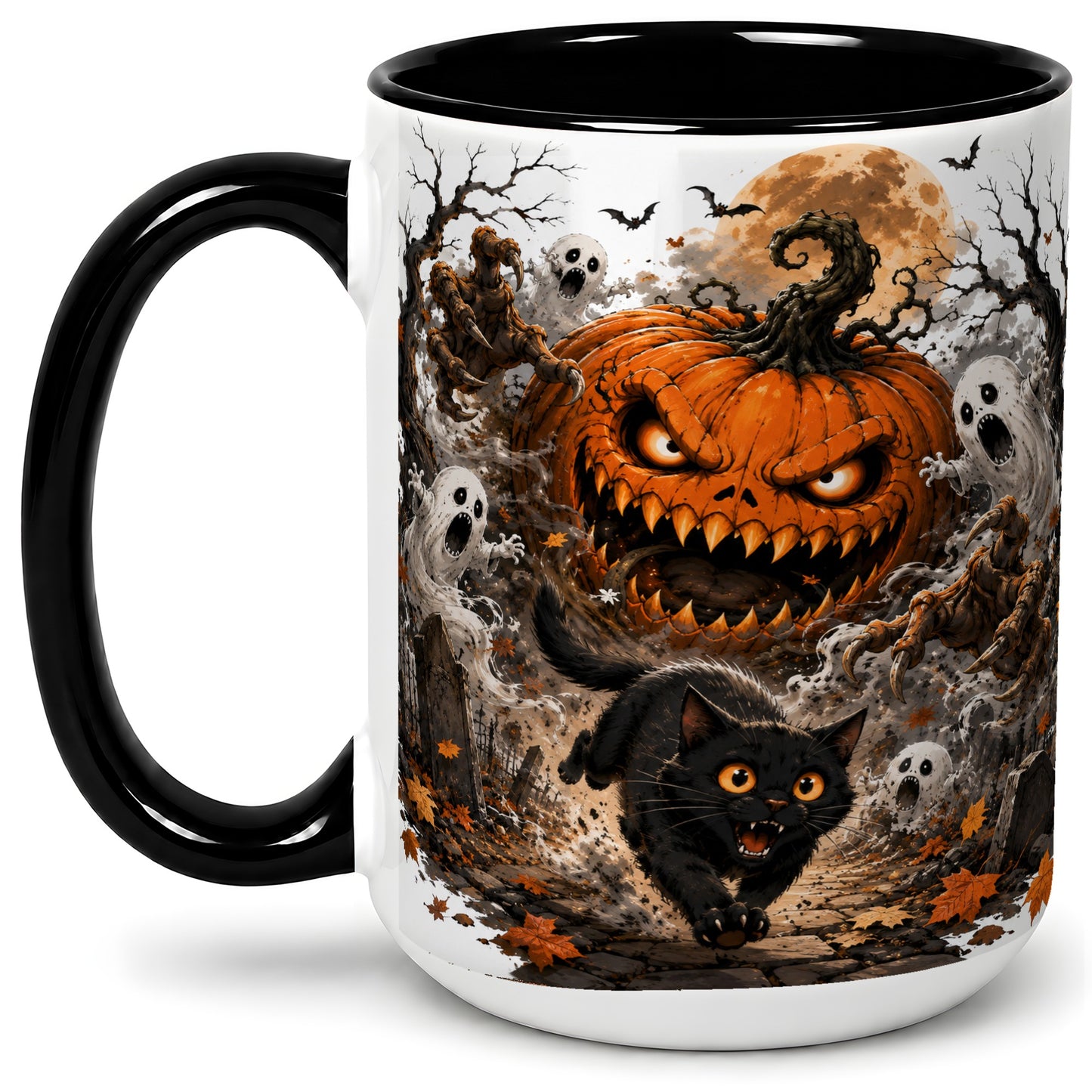#pl[15oz|Black] Scary Pumpkin Ceramic Coffee Cup, Mug with Ghost Cat Artwork