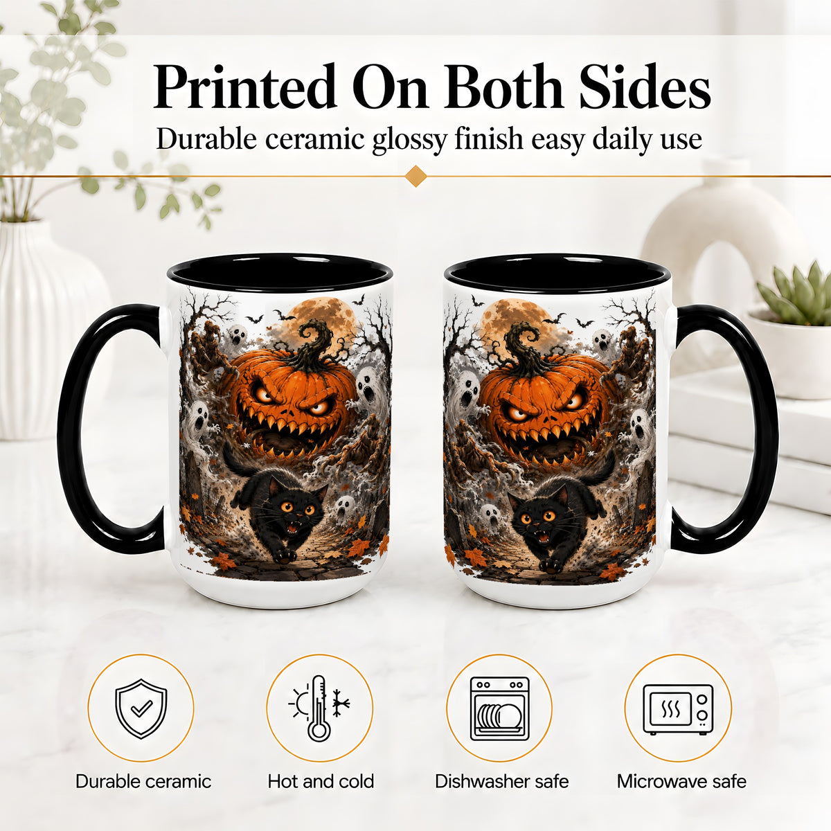 #pl[15oz|Black] Scary Pumpkin Ceramic Coffee Cup, Mug with Ghost Cat Artwork