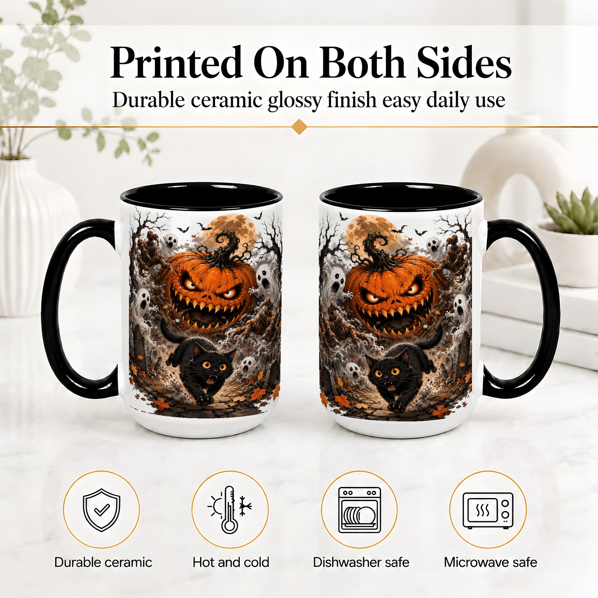 #pl[15oz|Black] Scary Pumpkin Ceramic Coffee Cup, Mug with Ghost Cat Artwork