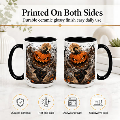 #pl[15oz|Black] Scary Pumpkin Ceramic Coffee Cup, Mug with Ghost Cat Artwork