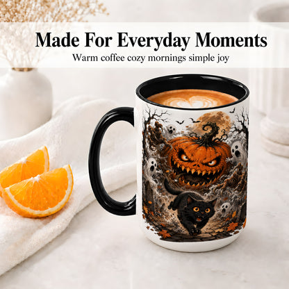 #pl[15oz|Black] Scary Pumpkin Ceramic Coffee Cup, Mug with Ghost Cat Artwork