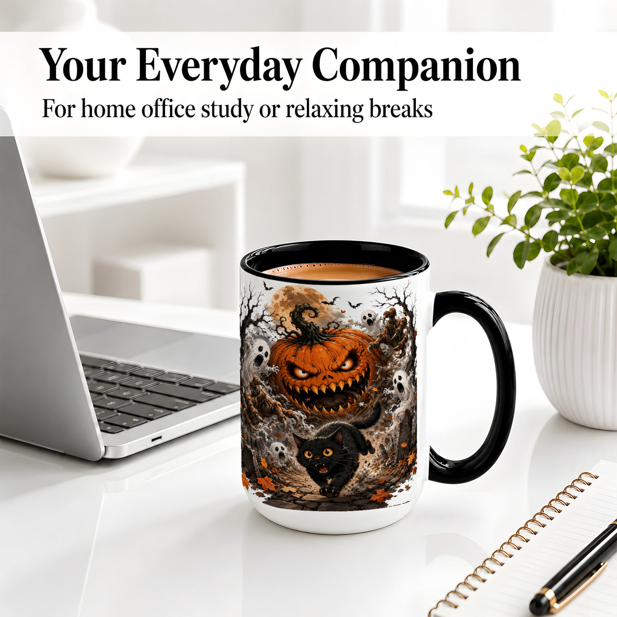 #pl[15oz|Black] Scary Pumpkin Ceramic Coffee Cup, Mug with Ghost Cat Artwork