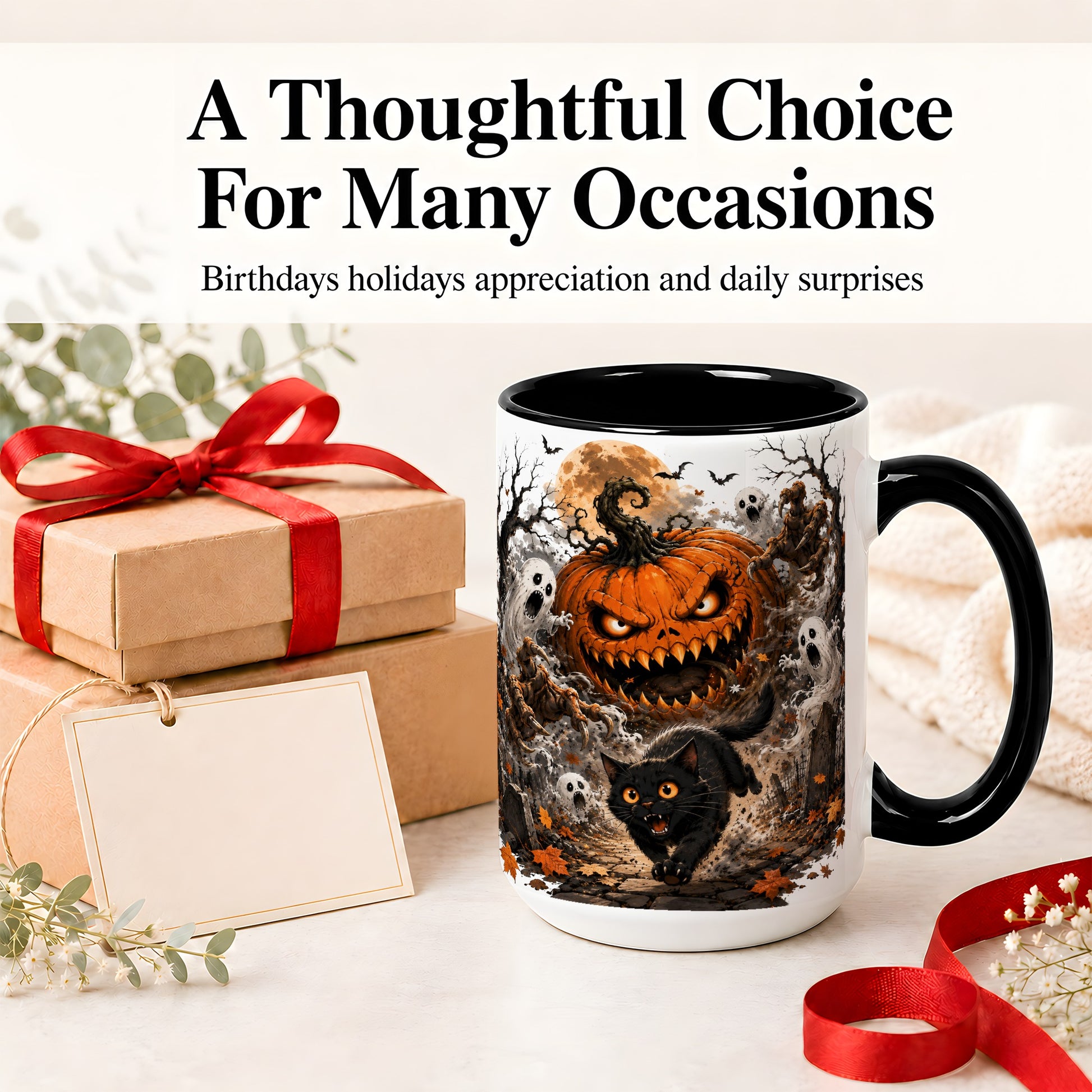 #pl[15oz|Black] Scary Pumpkin Ceramic Coffee Cup, Mug with Ghost Cat Artwork