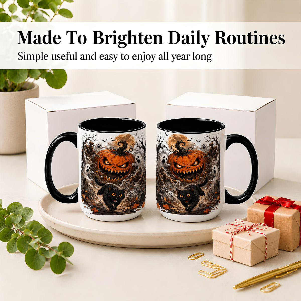 #pl[15oz|Black] Scary Pumpkin Ceramic Coffee Cup, Mug with Ghost Cat Artwork