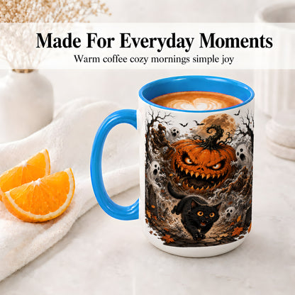 #pl[15oz|Blue] Scary Pumpkin Ceramic Coffee Cup, Mug with Ghost Cat Artwork