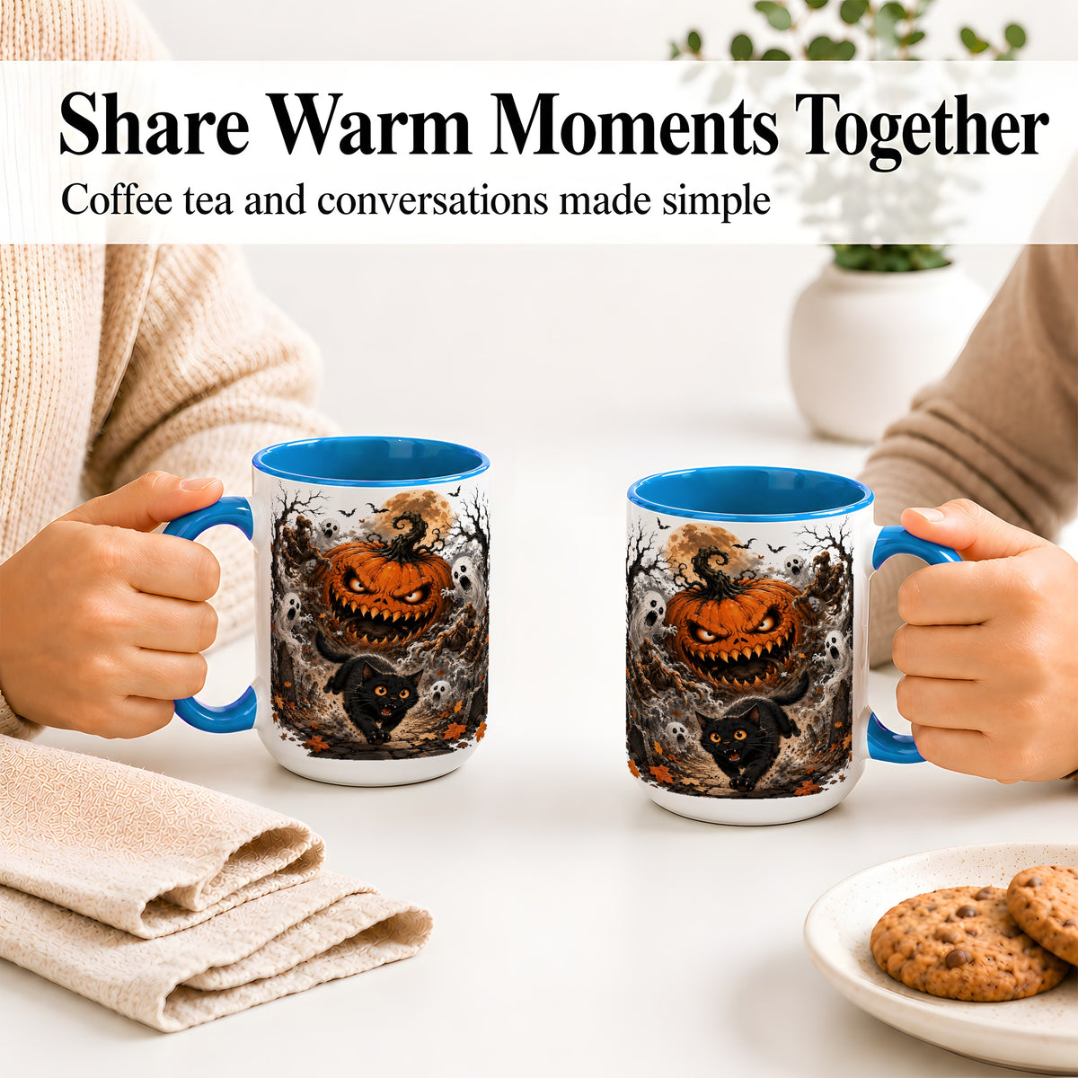 #pl[15oz|Blue] Scary Pumpkin Ceramic Coffee Cup, Mug with Ghost Cat Artwork