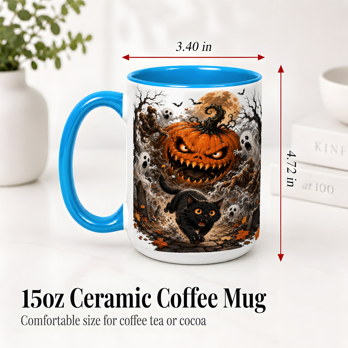 #pl[15oz|Blue] Scary Pumpkin Ceramic Coffee Cup, Mug with Ghost Cat Artwork