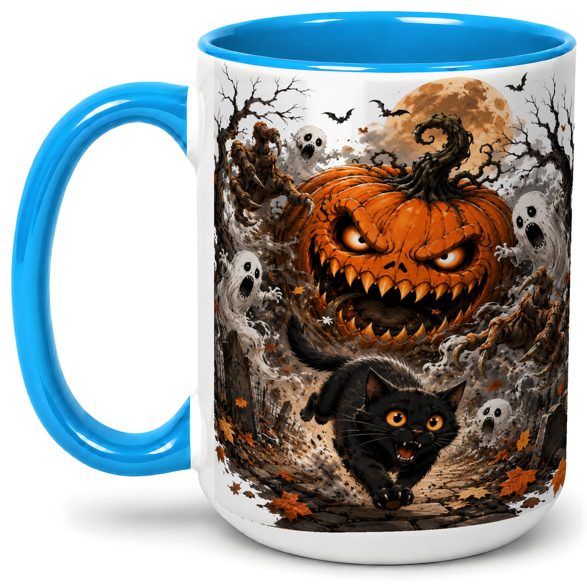 #pl[15oz|Blue] Scary Pumpkin Ceramic Coffee Cup, Mug with Ghost Cat Artwork