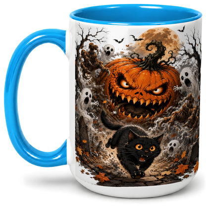 #pl[15oz|Blue] Scary Pumpkin Ceramic Coffee Cup, Mug with Ghost Cat Artwork