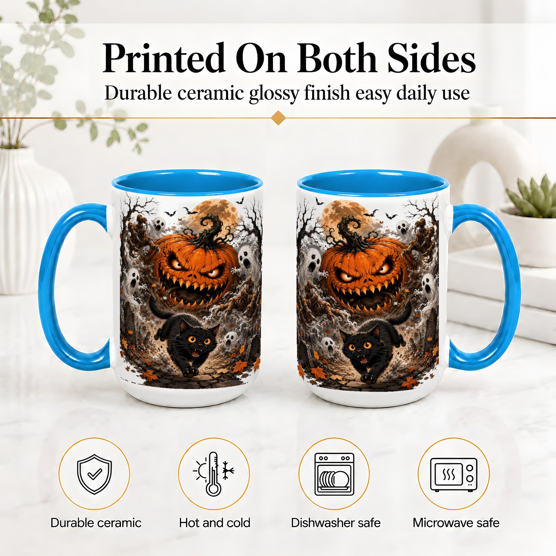 #pl[15oz|Blue] Scary Pumpkin Ceramic Coffee Cup, Mug with Ghost Cat Artwork