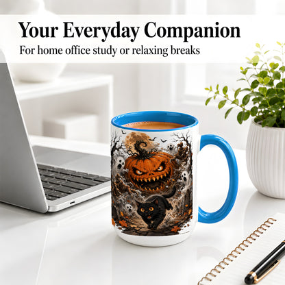 #pl[15oz|Blue] Scary Pumpkin Ceramic Coffee Cup, Mug with Ghost Cat Artwork