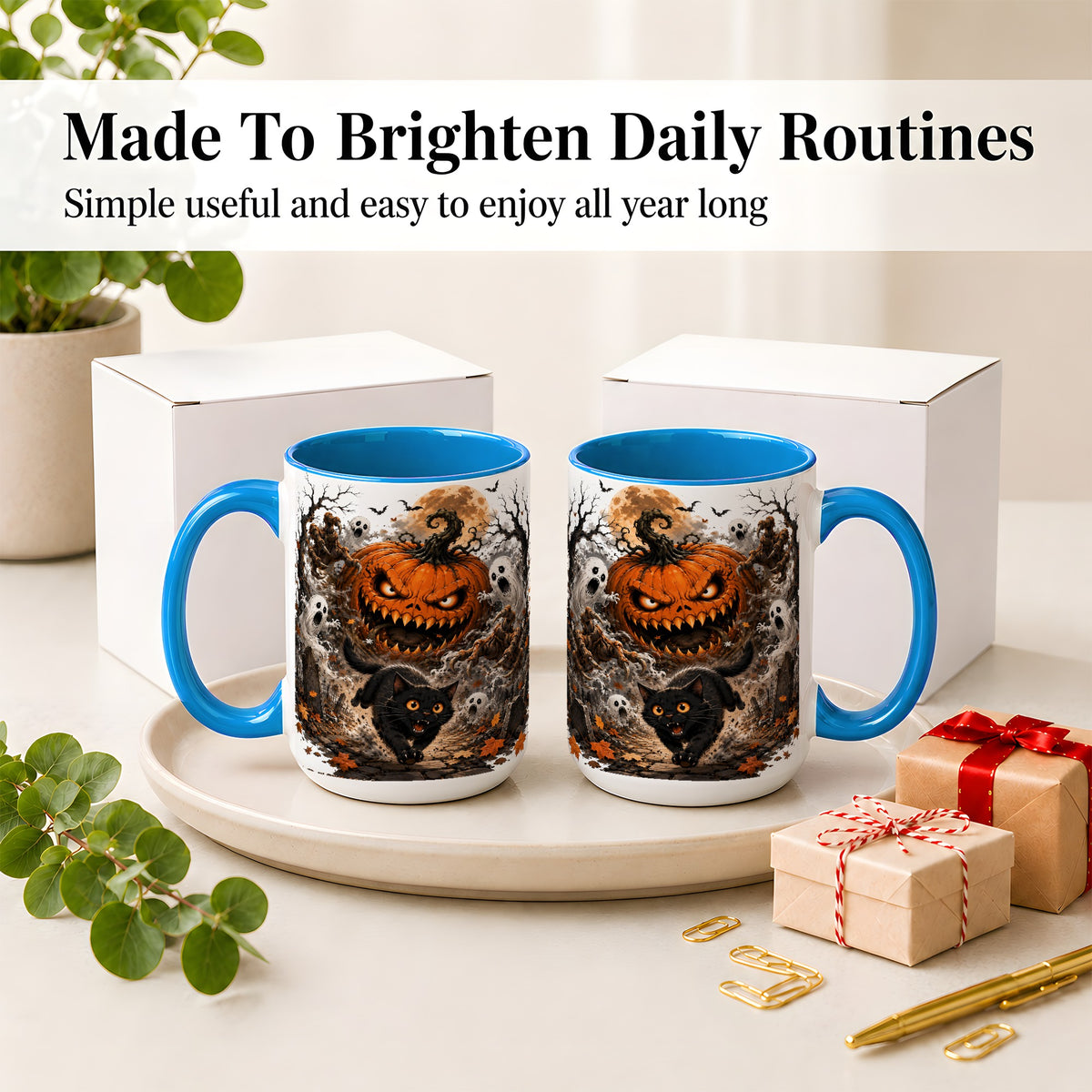 #pl[15oz|Blue] Scary Pumpkin Ceramic Coffee Cup, Mug with Ghost Cat Artwork