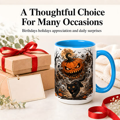 #pl[15oz|Blue] Scary Pumpkin Ceramic Coffee Cup, Mug with Ghost Cat Artwork