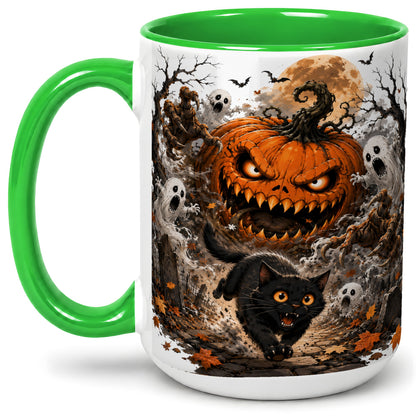 #pl[15oz|Green] Scary Pumpkin Ceramic Coffee Cup, Mug with Ghost Cat Artwork