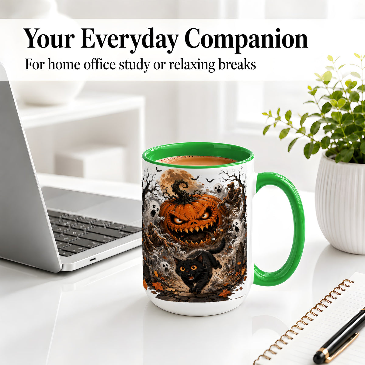 #pl[15oz|Green] Scary Pumpkin Ceramic Coffee Cup, Mug with Ghost Cat Artwork