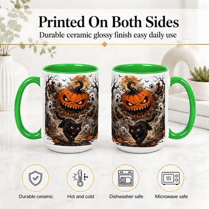 #pl[15oz|Green] Scary Pumpkin Ceramic Coffee Cup, Mug with Ghost Cat Artwork