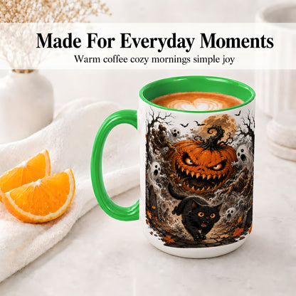 #pl[15oz|Green] Scary Pumpkin Ceramic Coffee Cup, Mug with Ghost Cat Artwork