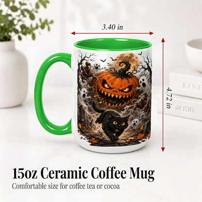 #pl[15oz|Green] Scary Pumpkin Ceramic Coffee Cup, Mug with Ghost Cat Artwork
