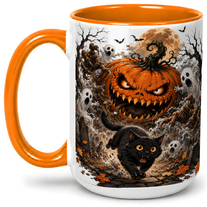 #pl[15oz|Orange] Scary Pumpkin Ceramic Coffee Cup, Mug with Ghost Cat Artwork