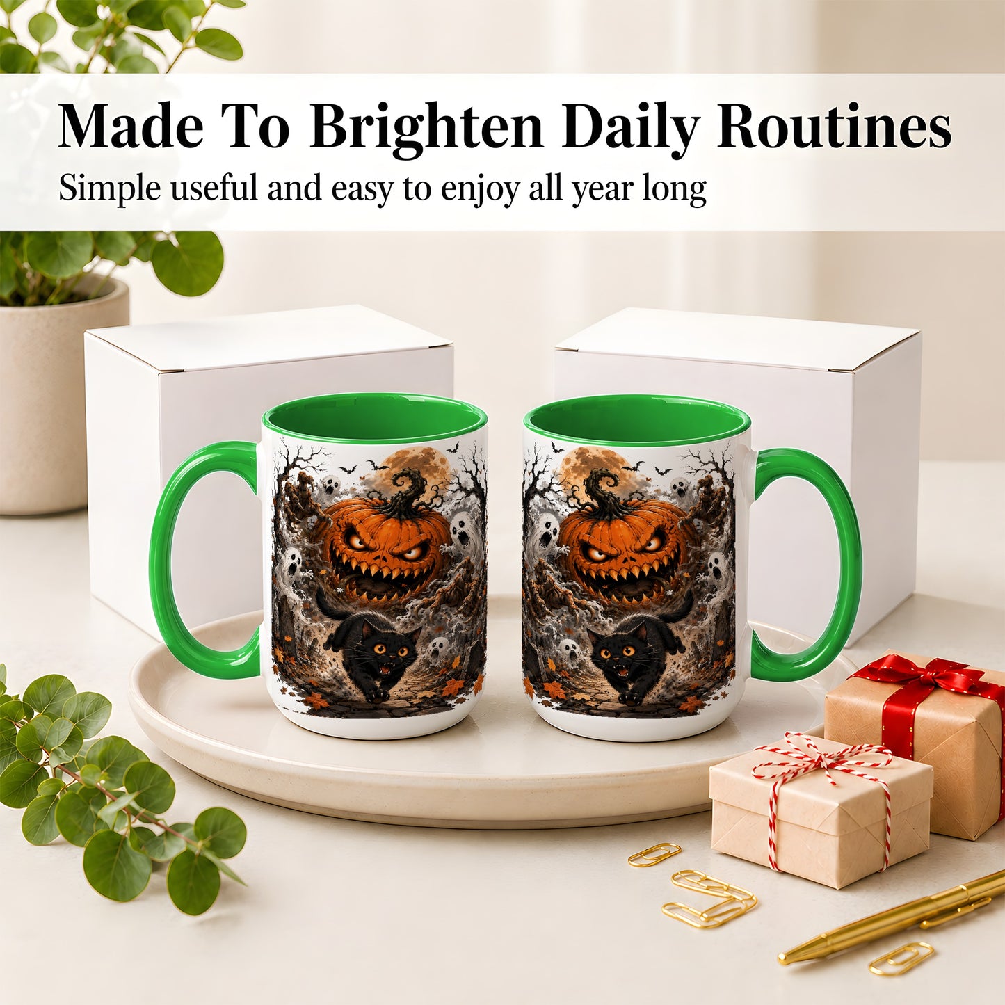 #pl[15oz|Green] Scary Pumpkin Ceramic Coffee Cup, Mug with Ghost Cat Artwork