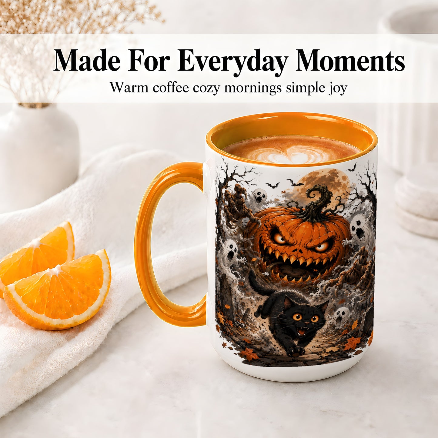#pl[15oz|Orange] Scary Pumpkin Ceramic Coffee Cup, Mug with Ghost Cat Artwork