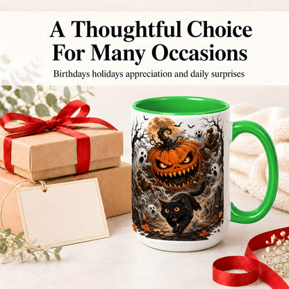 #pl[15oz|Green] Scary Pumpkin Ceramic Coffee Cup, Mug with Ghost Cat Artwork