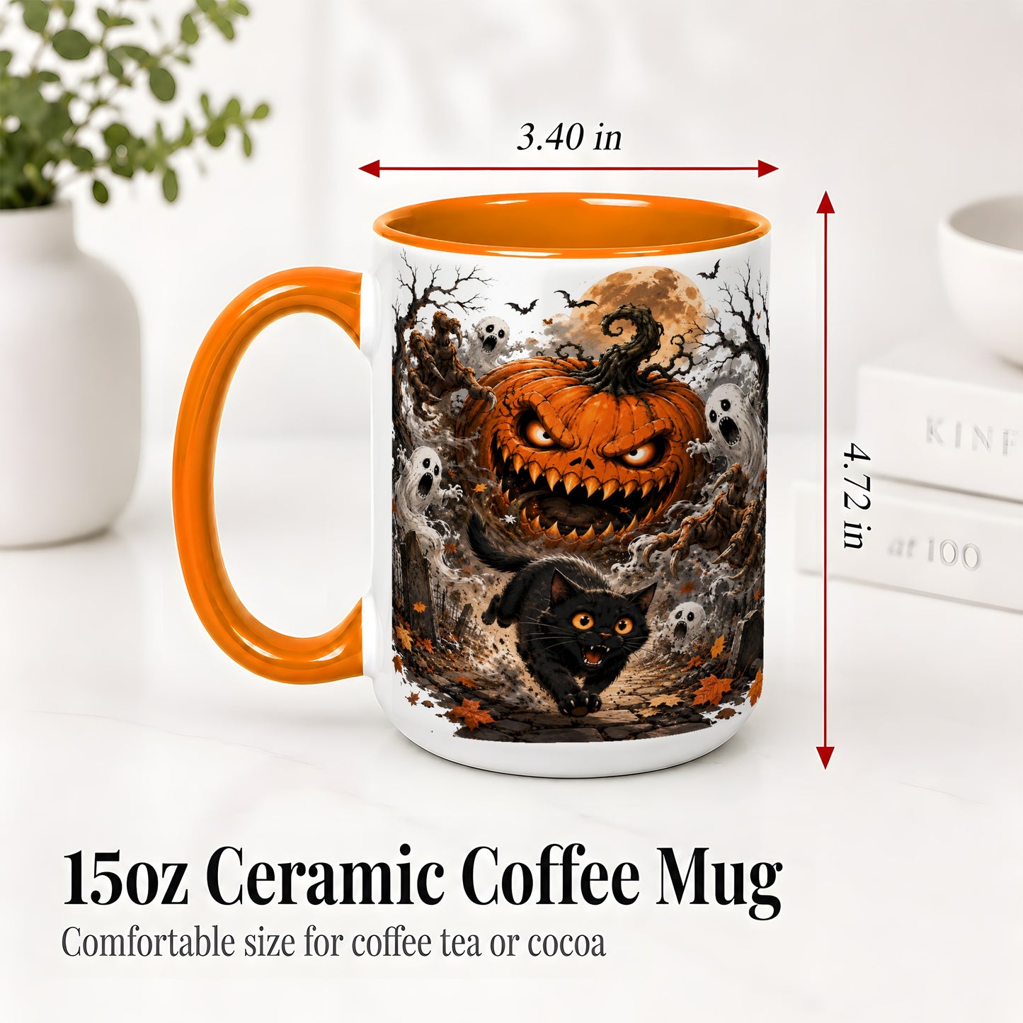 #pl[15oz|Orange] Scary Pumpkin Ceramic Coffee Cup, Mug with Ghost Cat Artwork