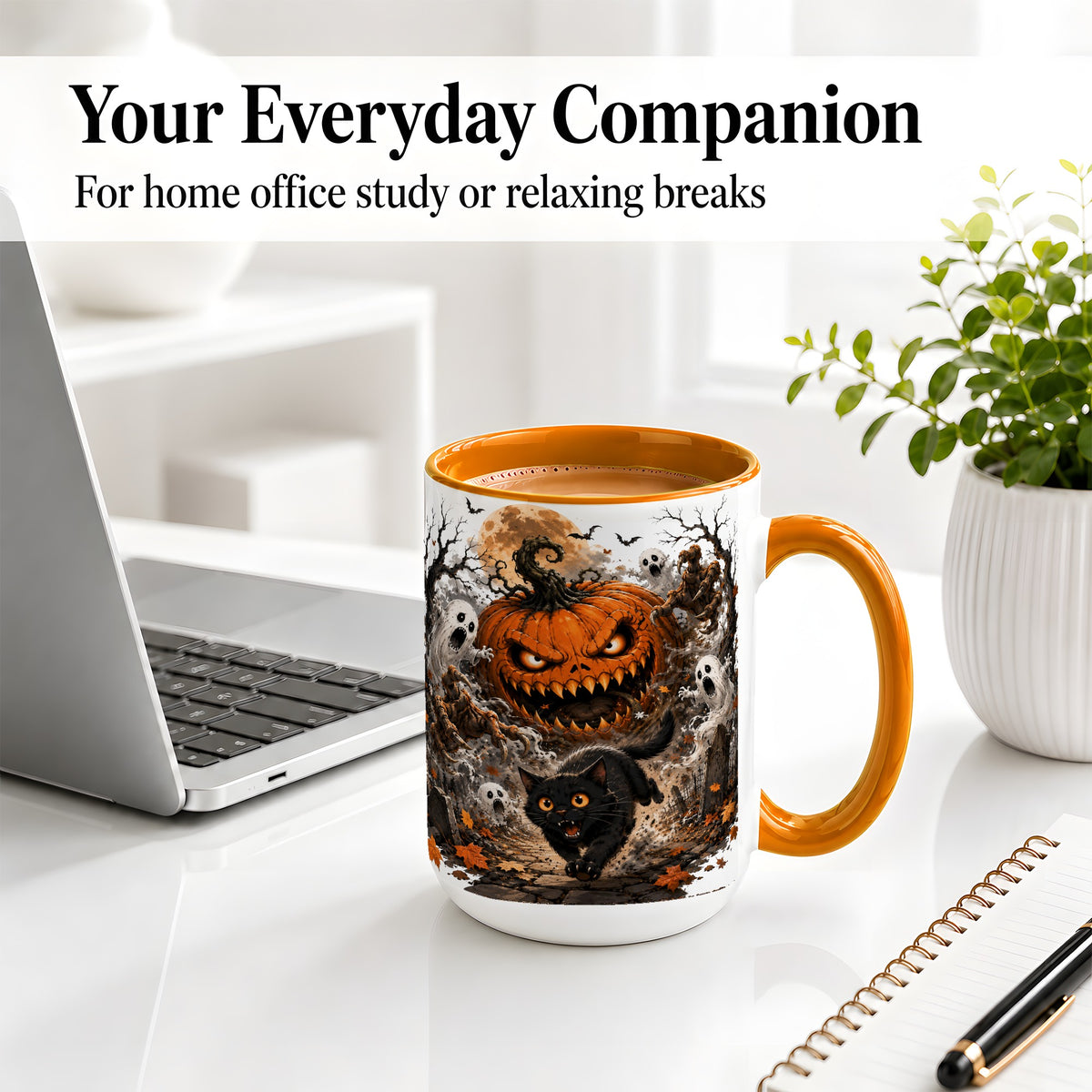 #pl[15oz|Orange] Scary Pumpkin Ceramic Coffee Cup, Mug with Ghost Cat Artwork
