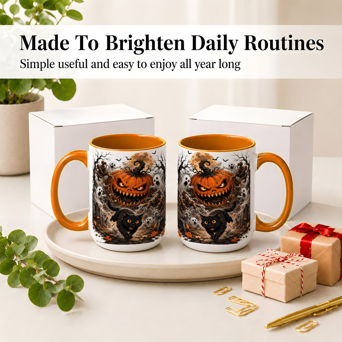 #pl[15oz|Orange] Scary Pumpkin Ceramic Coffee Cup, Mug with Ghost Cat Artwork