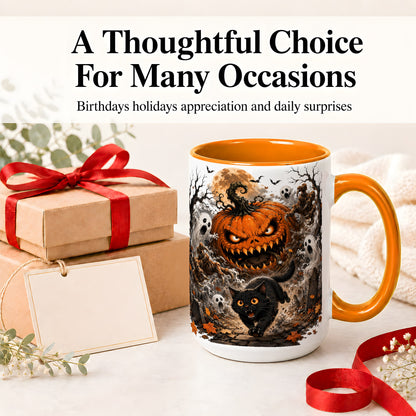 #pl[15oz|Orange] Scary Pumpkin Ceramic Coffee Cup, Mug with Ghost Cat Artwork