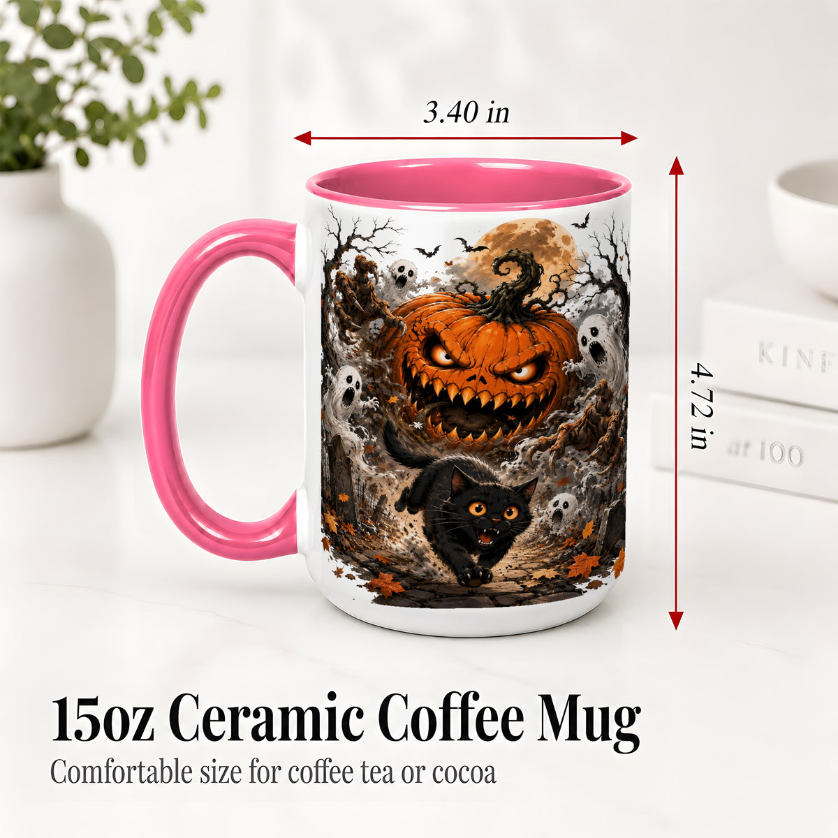 #pl[15oz|Pink] Scary Pumpkin Ceramic Coffee Cup, Mug with Ghost Cat Artwork