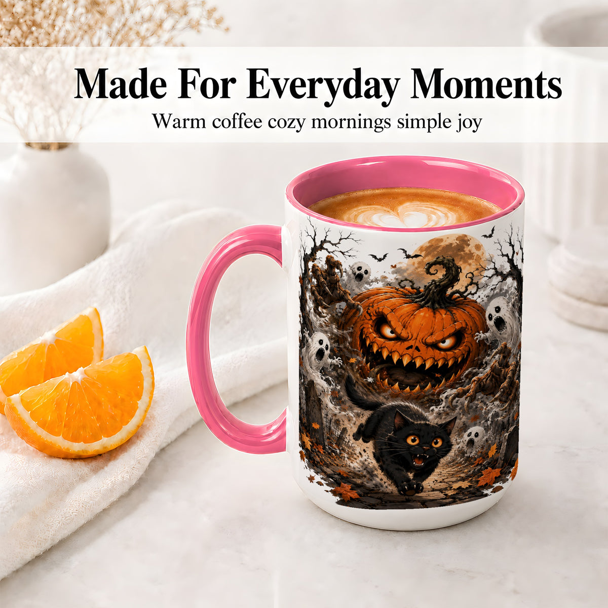 #pl[15oz|Pink] Scary Pumpkin Ceramic Coffee Cup, Mug with Ghost Cat Artwork