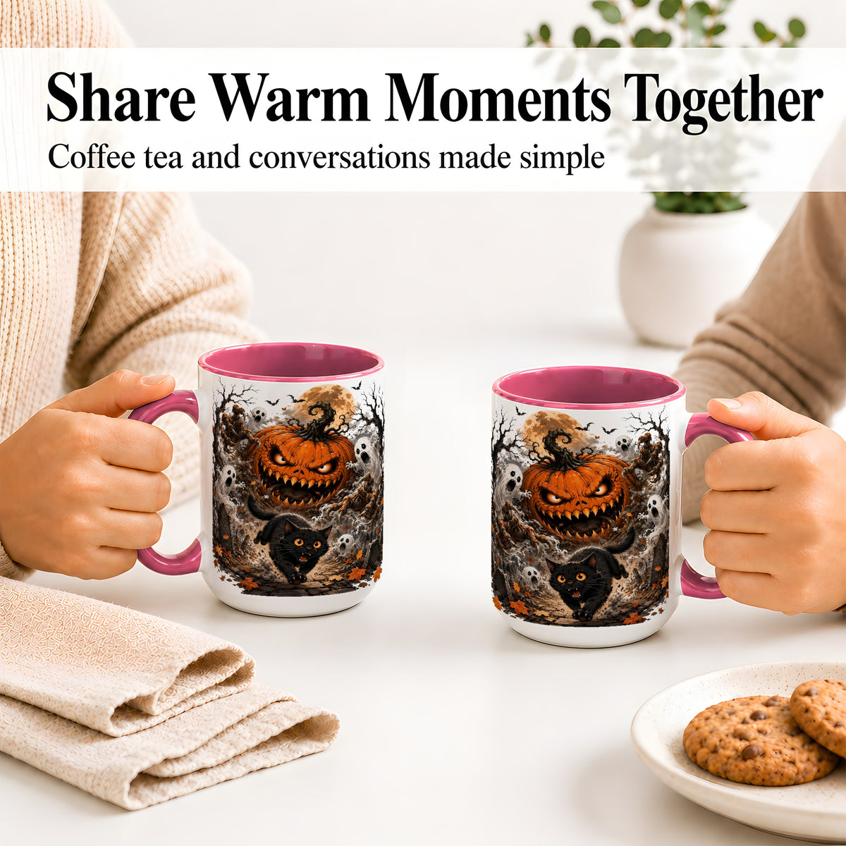 #pl[15oz|Pink] Scary Pumpkin Ceramic Coffee Cup, Mug with Ghost Cat Artwork