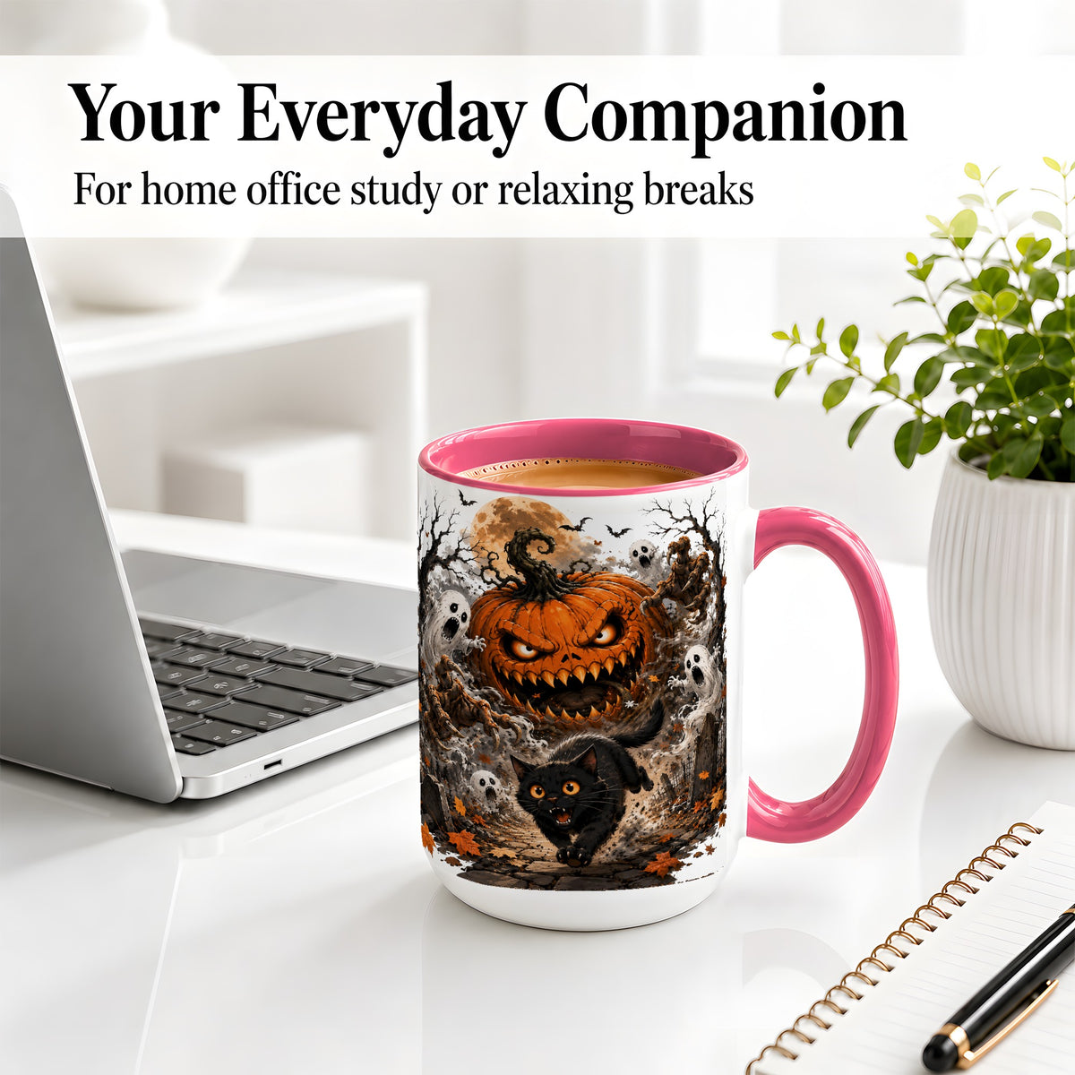 #pl[15oz|Pink] Scary Pumpkin Ceramic Coffee Cup, Mug with Ghost Cat Artwork