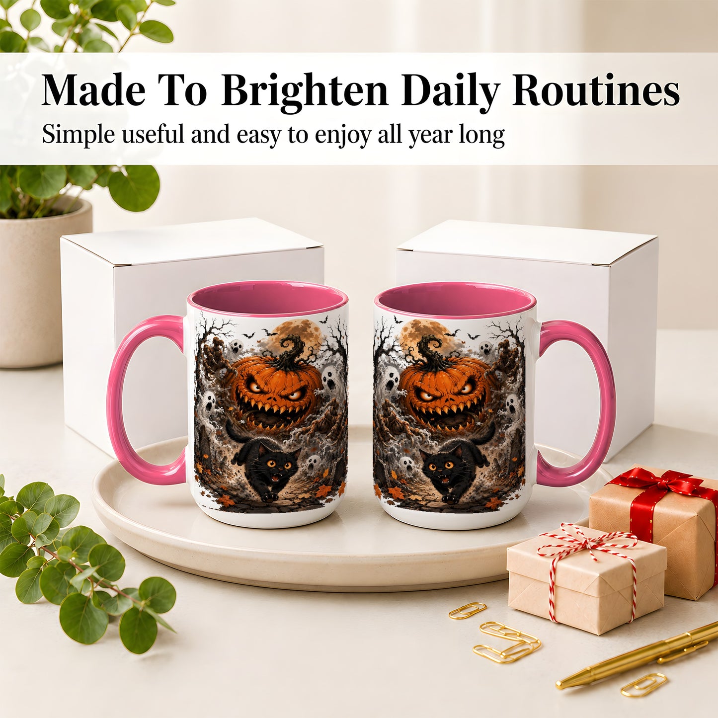 #pl[15oz|Pink] Scary Pumpkin Ceramic Coffee Cup, Mug with Ghost Cat Artwork