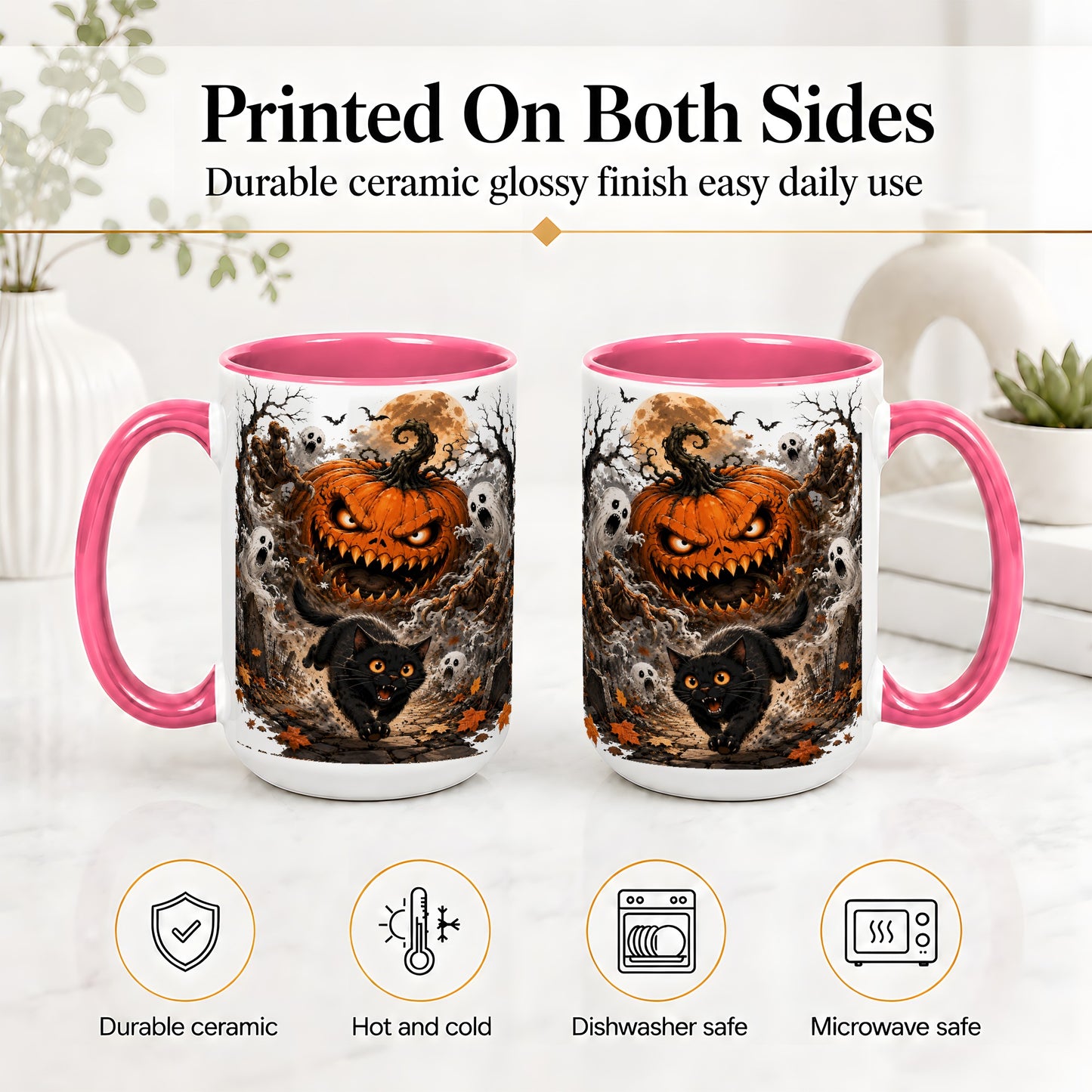 #pl[15oz|Pink] Scary Pumpkin Ceramic Coffee Cup, Mug with Ghost Cat Artwork