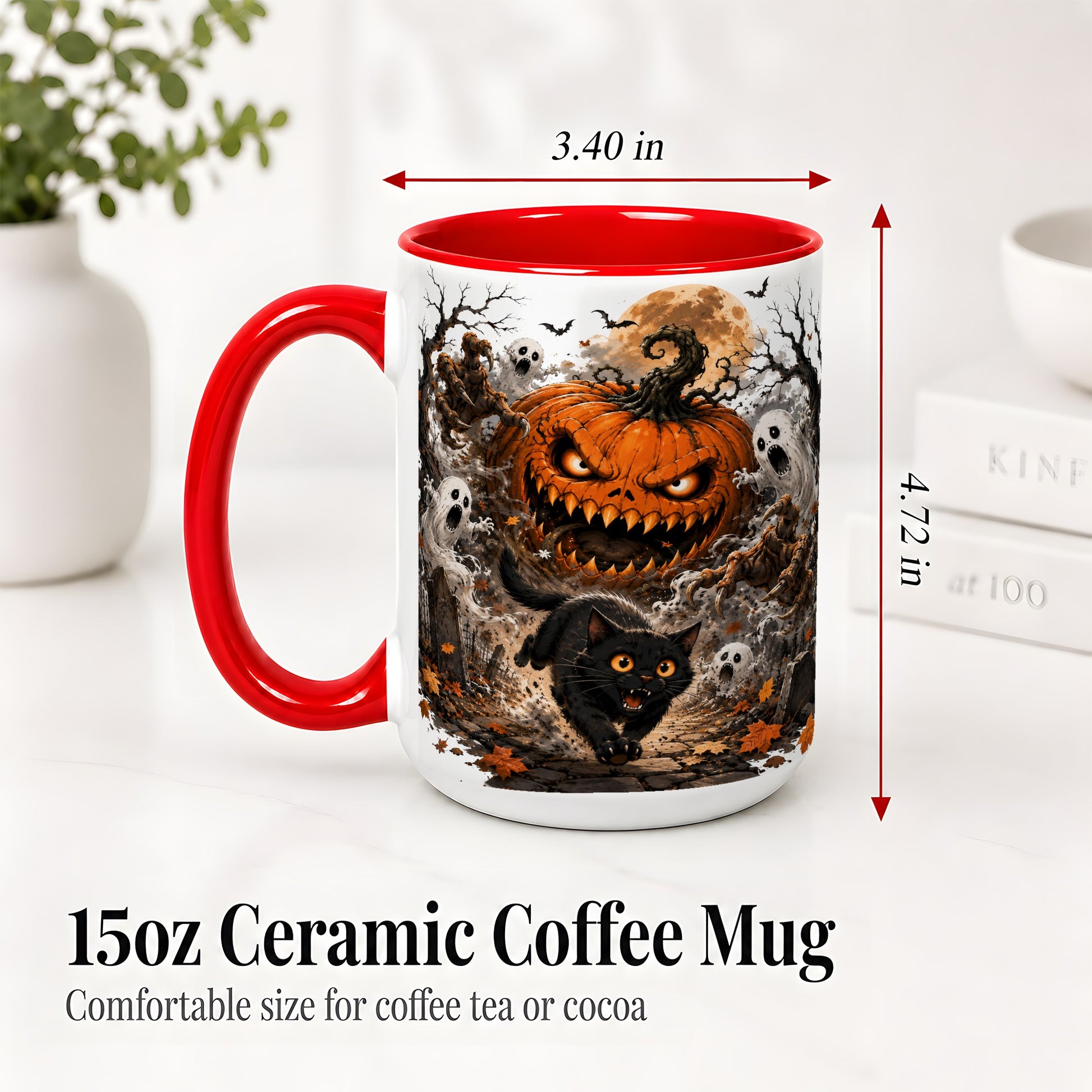 #pl[15oz|Red] Scary Pumpkin Ceramic Coffee Cup, Mug with Ghost Cat Artwork