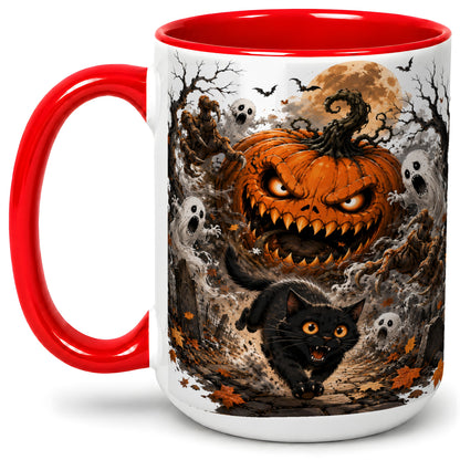 #pl[15oz|Red] Scary Pumpkin Ceramic Coffee Cup, Mug with Ghost Cat Artwork