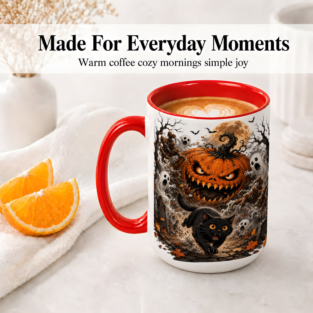 #pl[15oz|Red] Scary Pumpkin Ceramic Coffee Cup, Mug with Ghost Cat Artwork