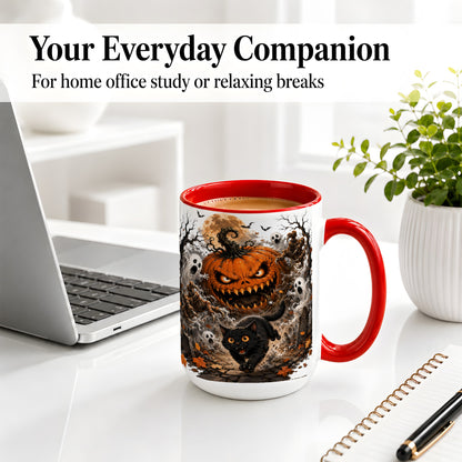 #pl[15oz|Red] Scary Pumpkin Ceramic Coffee Cup, Mug with Ghost Cat Artwork