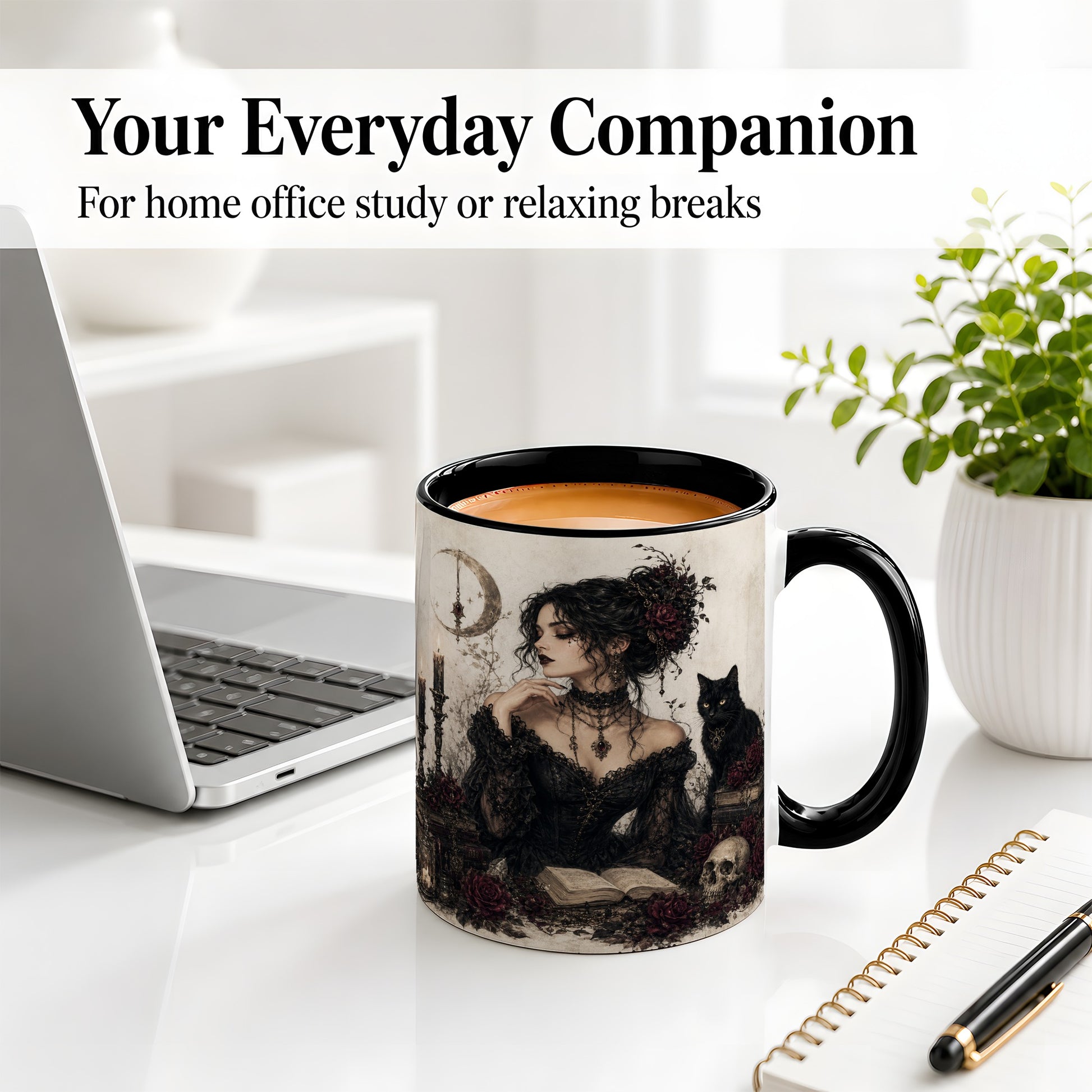 #pl[11oz|Black] Gothic Witch Ceramic Coffee Cup, Mug with Black Cat Artwork