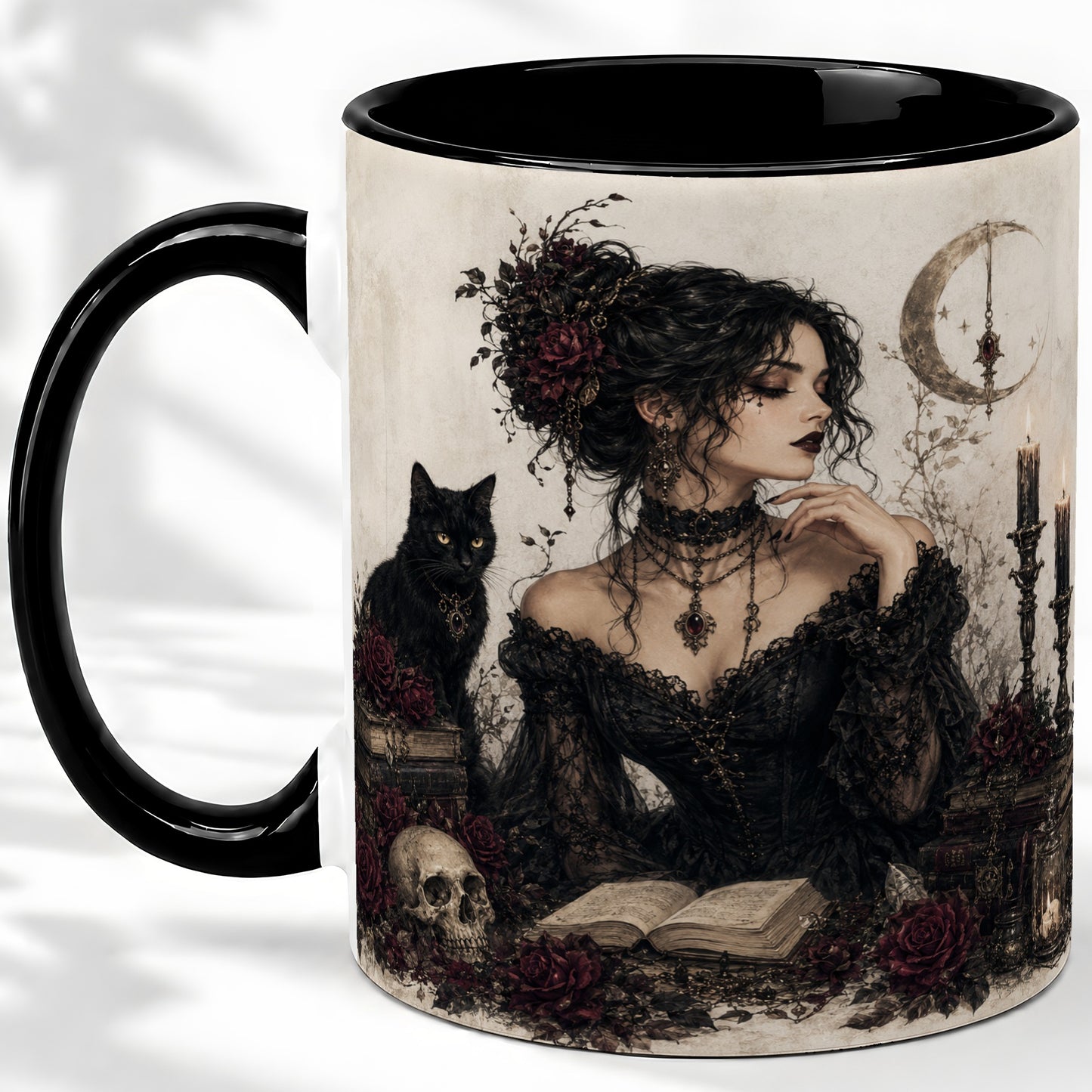 #pl[11oz|Black] Gothic Witch Ceramic Coffee Cup, Mug with Black Cat Artwork