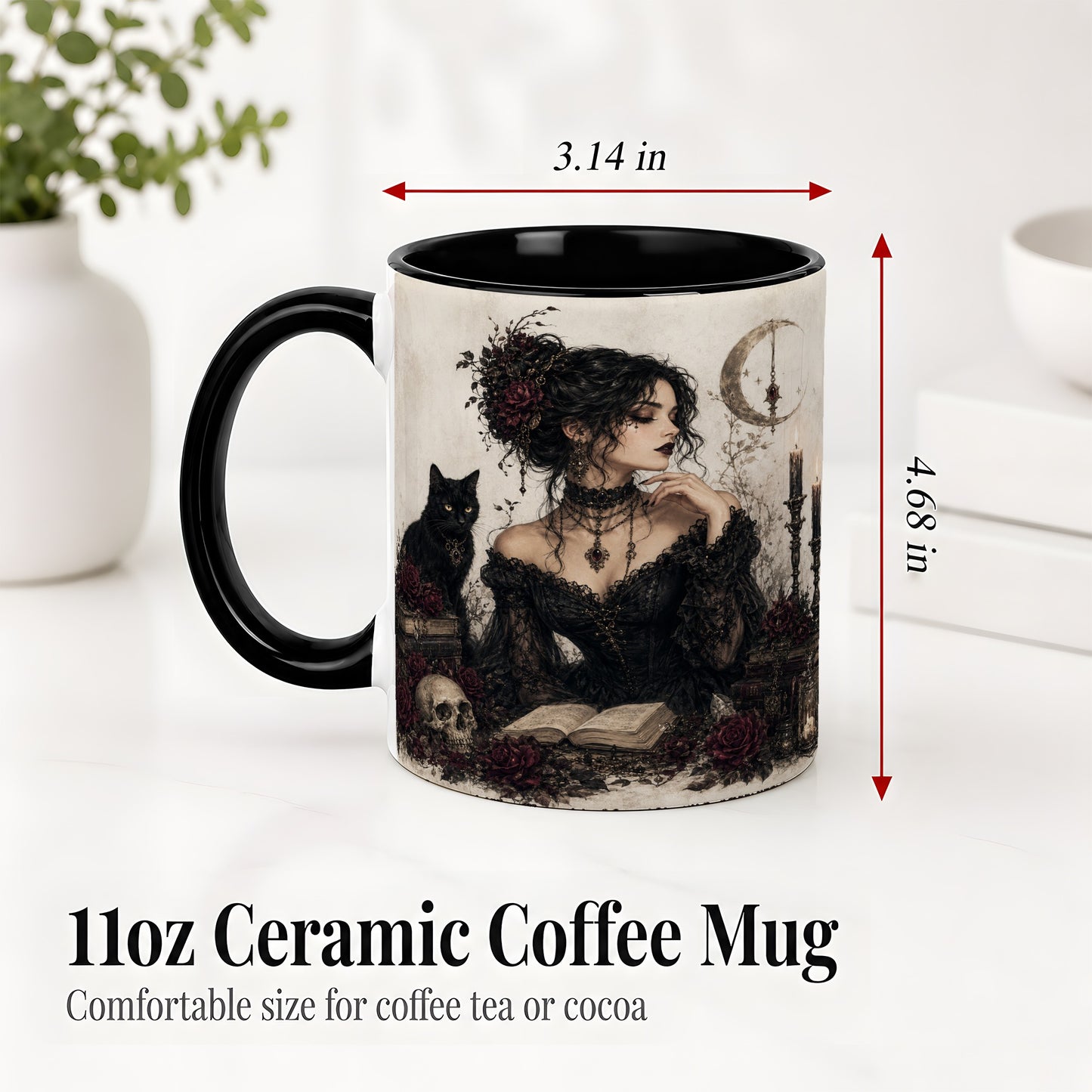 #pl[11oz|Black] Gothic Witch Ceramic Coffee Cup, Mug with Black Cat Artwork