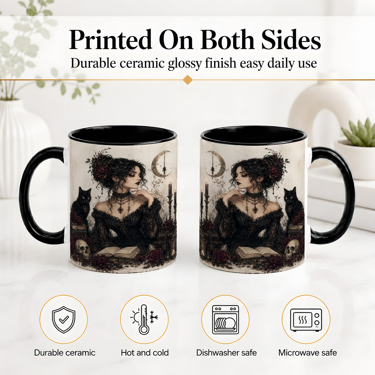 #pl[11oz|Black] Gothic Witch Ceramic Coffee Cup, Mug with Black Cat Artwork