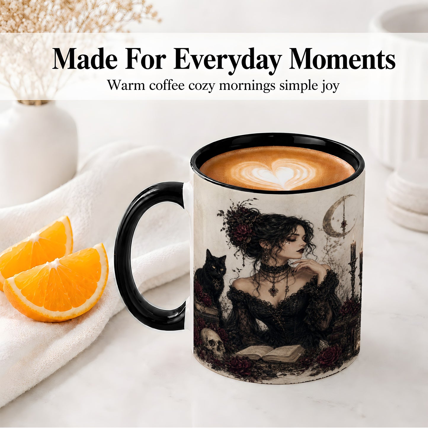 #pl[11oz|Black] Gothic Witch Ceramic Coffee Cup, Mug with Black Cat Artwork