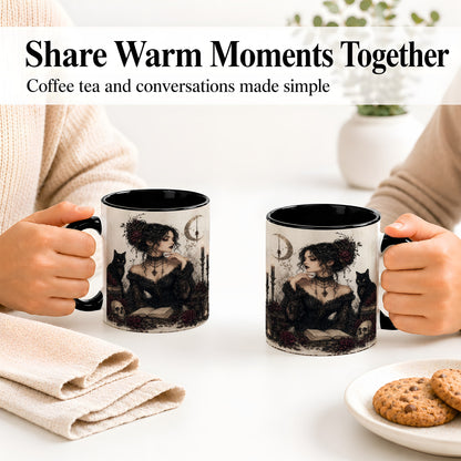 #pl[11oz|Black] Gothic Witch Ceramic Coffee Cup, Mug with Black Cat Artwork