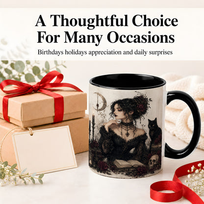 #pl[11oz|Black] Gothic Witch Ceramic Coffee Cup, Mug with Black Cat Artwork