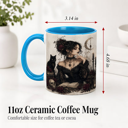 #pl[11oz|Blue] Gothic Witch Ceramic Coffee Cup, Mug with Black Cat Artwork