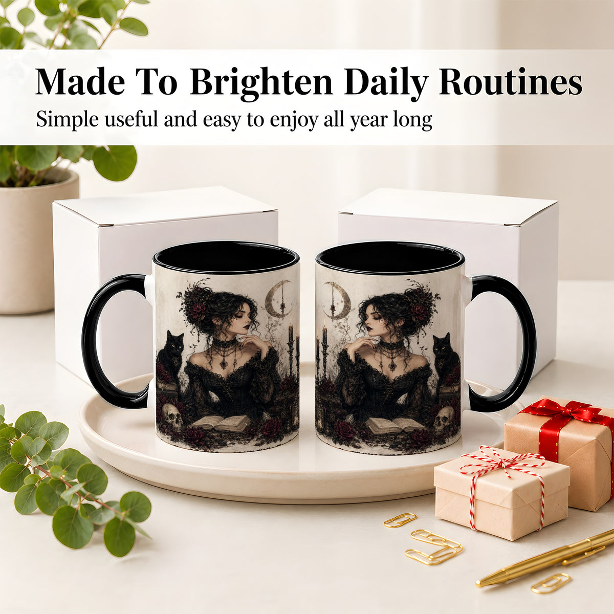 #pl[11oz|Black] Gothic Witch Ceramic Coffee Cup, Mug with Black Cat Artwork